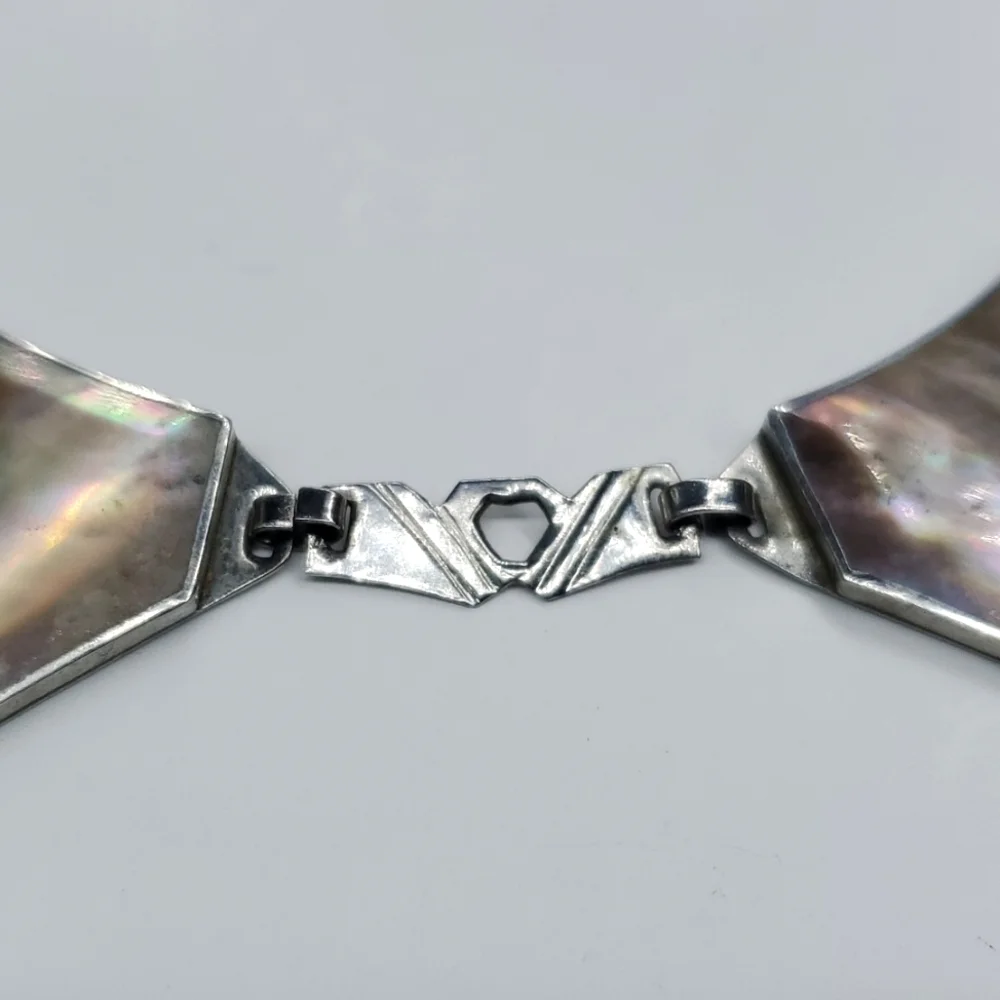 Vintage 70s Abalone Shell Silver Choker Necklace